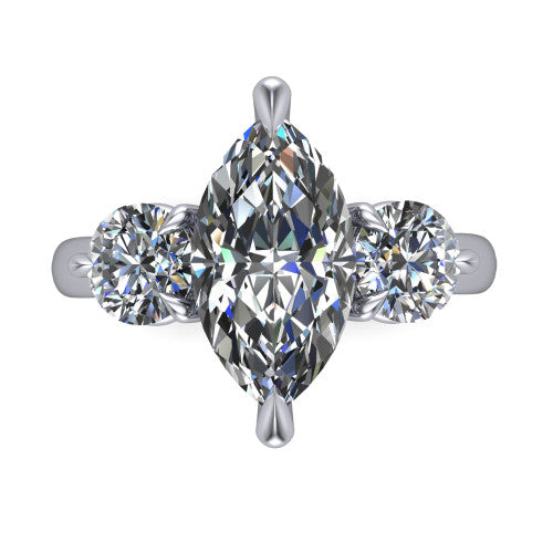 Juniper marquise three stone engagement ring in Platinum, top-down view showing the brilliant marquise center diamond with two matched round side diamonds