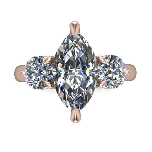 Juniper marquise three stone engagement ring in 14K Rose Gold, top-down view showing the brilliant marquise center diamond with two matched round side diamonds