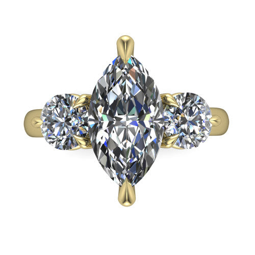 Juniper marquise three stone engagement ring in 14K Yellow Gold, top-down view showing the brilliant marquise center diamond with two matched round side diamonds