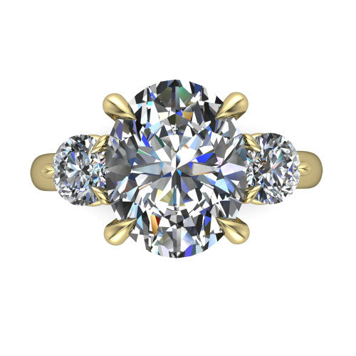 Juniper oval three stone engagement ring in 14K Yellow Gold, top-down view showing the brilliant oval center diamond with two matched round side diamonds