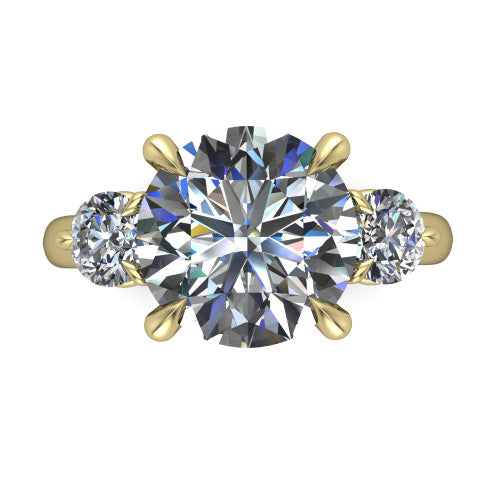 Juniper round three stone engagement ring in 18K Yellow Gold, top-down view showing the brilliant round center diamond with two matched round side diamonds