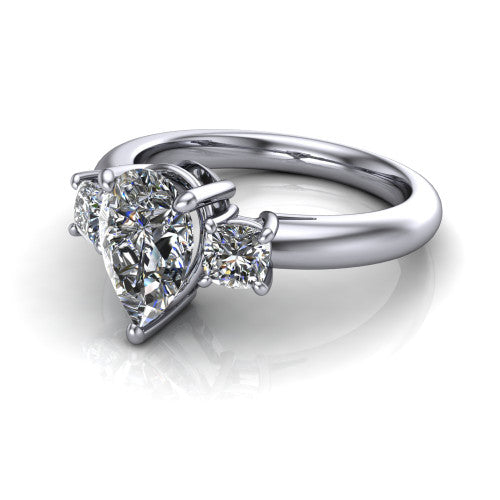Penelope pear three stone engagement ring in 18K White Gold, three-quarter perspective showing the brilliant pear-cut center diamond, two matched pear-cut side diamonds