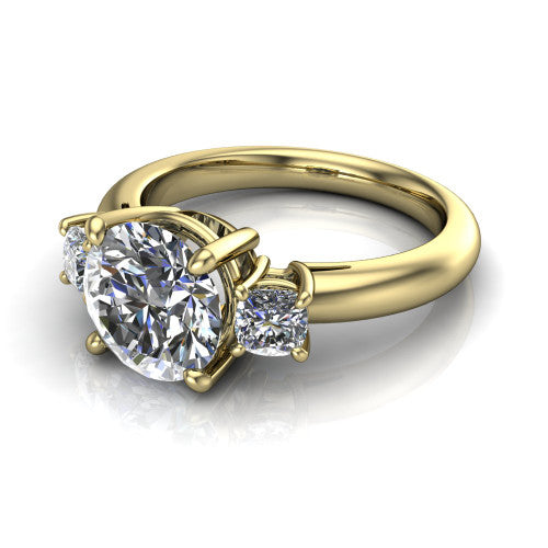 Penelope round three stone engagement ring in 14K Yellow Gold, three-quarter perspective showing the brilliant round center diamond, two matched round side diamonds