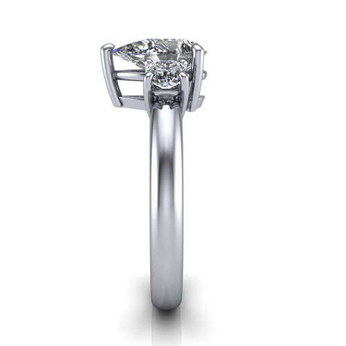 Penelope pear three stone engagement ring in 18K White Gold, side profile showing the tall straight-sided basket and slim polished band