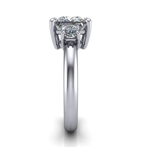 Penelope princess three stone engagement ring in 18K White Gold, side profile showing the tall straight-sided basket and slim polished band