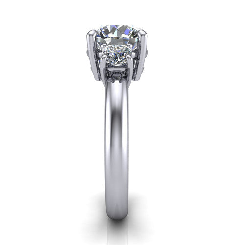 Penelope round three stone engagement ring in 18K White Gold, side profile showing the tall straight-sided basket and slim polished band