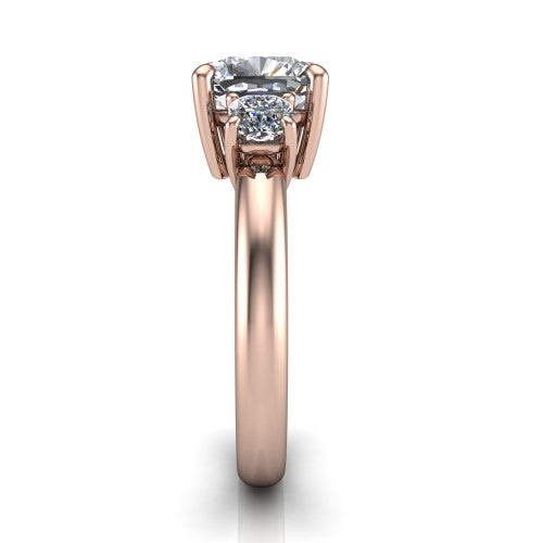 Penelope cushion three stone engagement ring in 14K Rose Gold, side profile showing the tall straight-sided basket and slim polished band
