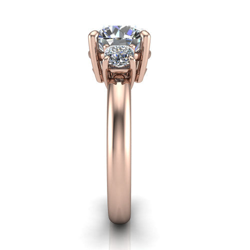 Penelope round three stone engagement ring in 14K Rose Gold, side profile showing the tall straight-sided basket and slim polished band