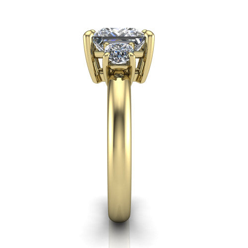 Penelope princess three stone engagement ring in 14K Yellow Gold, side profile showing the tall straight-sided basket and slim polished band