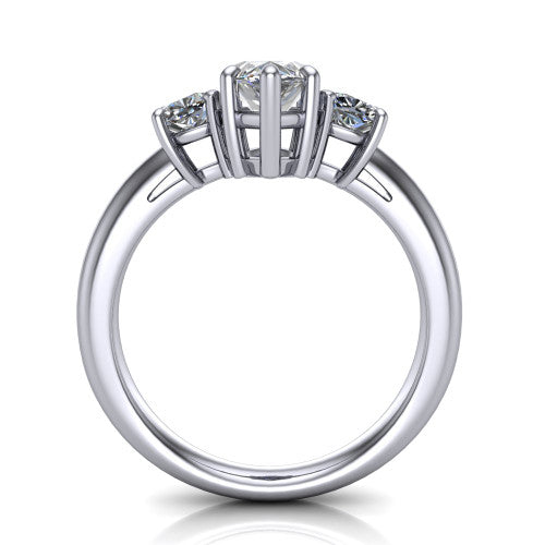 Penelope marquise three stone engagement ring in Platinum, through-finger front profile showing the three-stone head, tall basket, and open under-gallery