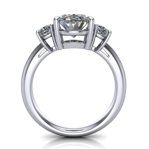 Penelope oval three stone engagement ring in 18K White Gold, through-finger front profile showing the three-stone head, tall basket, and open under-gallery