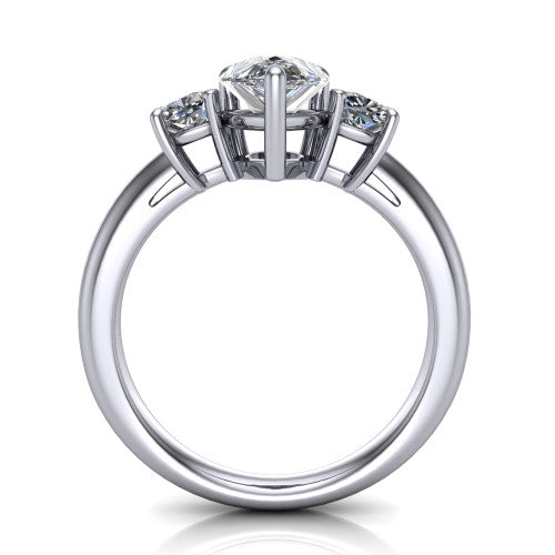 Penelope pear three stone engagement ring in 18K White Gold, through-finger front profile showing the three-stone head, tall basket, and open under-gallery