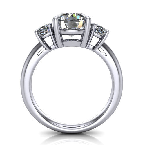 Penelope round three stone engagement ring in 18K White Gold, through-finger front profile showing the three-stone head, tall basket, and open under-gallery