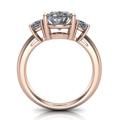 Penelope oval three stone engagement ring in 18K Rose Gold, through-finger front profile showing the three-stone head, tall basket, and open under-gallery