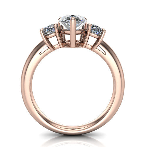 Penelope pear three stone engagement ring in 14K Rose Gold, through-finger front profile showing the three-stone head, tall basket, and open under-gallery