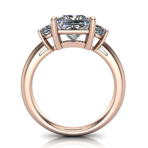 Penelope princess three stone engagement ring in 14K Rose Gold, through-finger front profile showing the three-stone head, tall basket, and open under-gallery