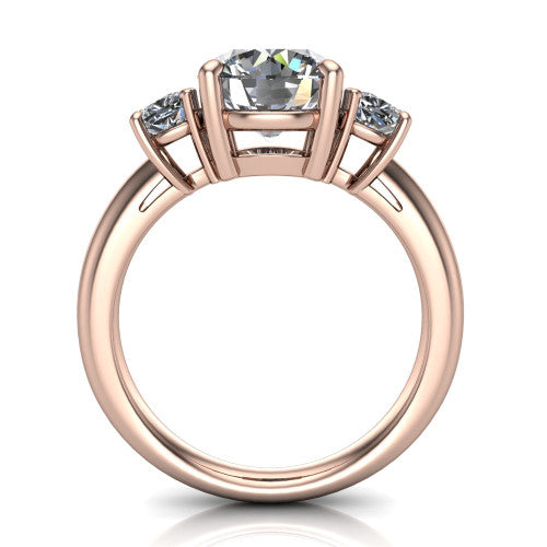 Penelope round three stone engagement ring in 14K Rose Gold, through-finger front profile showing the three-stone head, tall basket, and open under-gallery