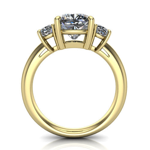 Penelope cushion three stone engagement ring in 18K Yellow Gold, through-finger front profile showing the three-stone head, tall basket, and open under-gallery