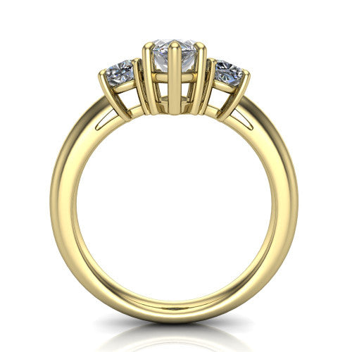 Penelope marquise three stone engagement ring in 18K Yellow Gold, through-finger front profile showing the three-stone head, tall basket, and open under-gallery