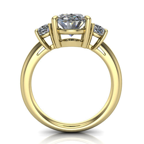 Penelope oval three stone engagement ring in 14K Yellow Gold, through-finger front profile showing the three-stone head, tall basket, and open under-gallery