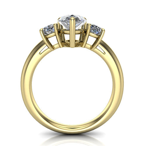 Penelope pear three stone engagement ring in 14K Yellow Gold, through-finger front profile showing the three-stone head, tall basket, and open under-gallery