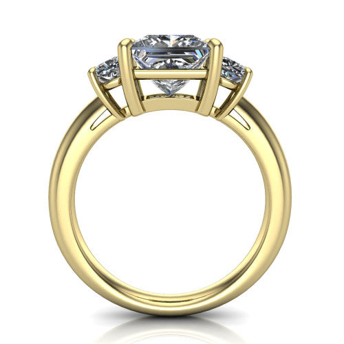 Penelope princess three stone engagement ring in 14K Yellow Gold, through-finger front profile showing the three-stone head, tall basket, and open under-gallery