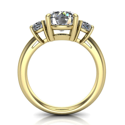 Penelope round three stone engagement ring in 14K Yellow Gold, through-finger front profile showing the three-stone head, tall basket, and open under-gallery