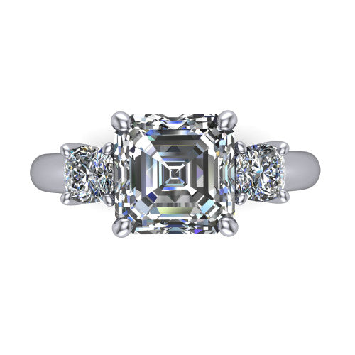 Penelope square emerald three stone engagement ring in 18K White Gold, top-down view showing the step-cut square emerald center diamond, two matched square emerald side diamonds aligned across the band
