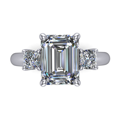 Penelope emerald three stone engagement ring in 14K White Gold, top-down view showing the step-cut emerald center diamond, two matched step-cut emerald side diamonds aligned across the band