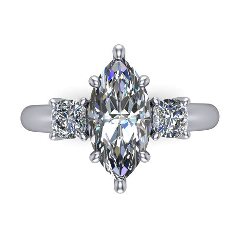 Penelope marquise three stone engagement ring in 14K White Gold, top-down view showing the brilliant marquise center diamond, two matched marquise side diamonds aligned across the band