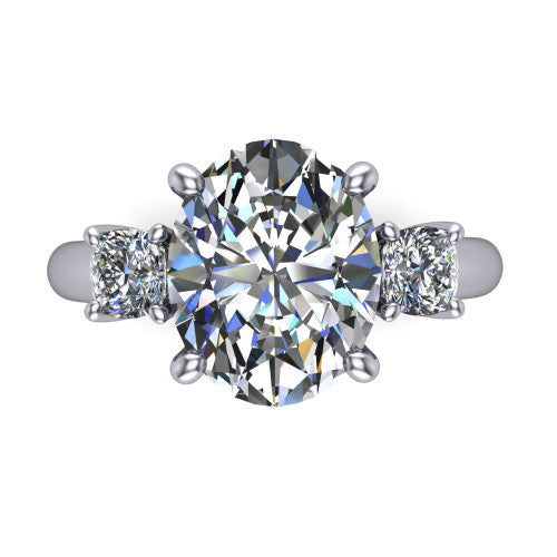 Penelope oval three stone engagement ring in Platinum, top-down view showing the brilliant oval center diamond, two matched oval side diamonds aligned across the band