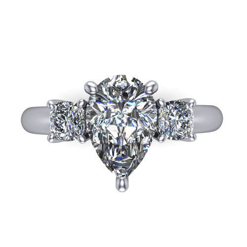 Penelope pear three stone engagement ring in 14K White Gold, top-down view showing the brilliant pear-cut center diamond, two matched pear-cut side diamonds aligned across the band