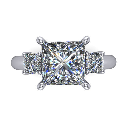 Penelope princess three stone engagement ring in Platinum, top-down view showing the brilliant princess-cut center diamond, two matched princess-cut side diamonds aligned across the band