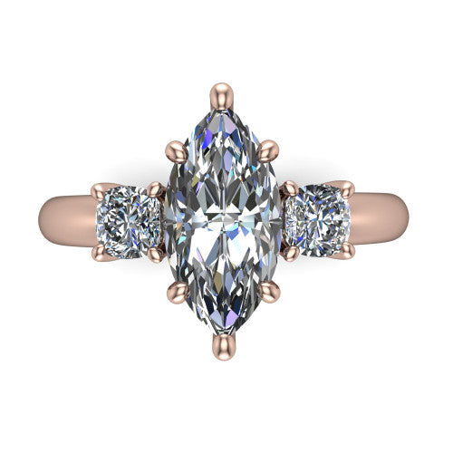 Penelope marquise three stone engagement ring in 18K Rose Gold, top-down view showing the brilliant marquise center diamond, two matched marquise side diamonds aligned across the band
