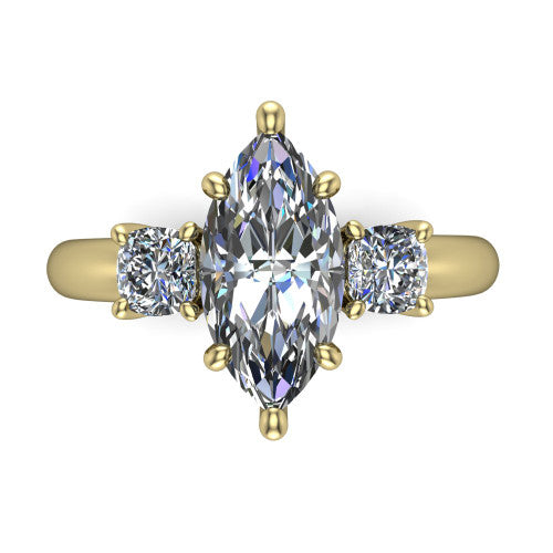 Penelope marquise three stone engagement ring in 14K Yellow Gold, top-down view showing the brilliant marquise center diamond, two matched marquise side diamonds aligned across the band