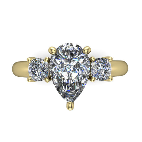 Penelope pear three stone engagement ring in 14K Yellow Gold, top-down view showing the brilliant pear-cut center diamond, two matched pear-cut side diamonds aligned across the band