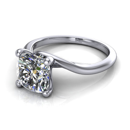 Awren cushion solitaire engagement ring in 18K White Gold, three-quarter perspective showing the brilliant cushion-cut center diamond on a bypass crossover shank