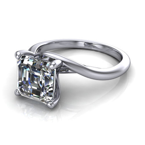 Awren square emerald solitaire engagement ring in 14K White Gold, three-quarter perspective showing the step-cut square emerald center diamond on a bypass crossover shank