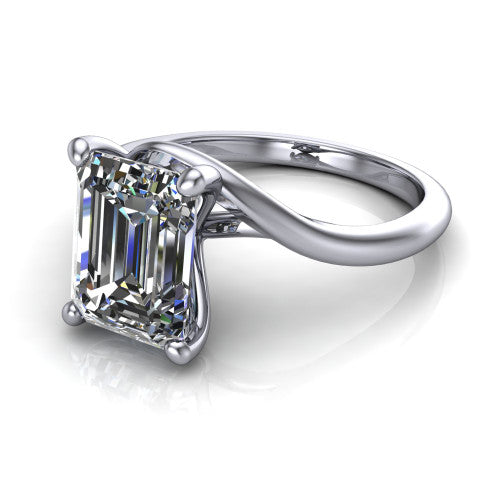 Awren emerald solitaire engagement ring in 14K White Gold, three-quarter perspective showing the step-cut emerald center diamond on a bypass crossover shank