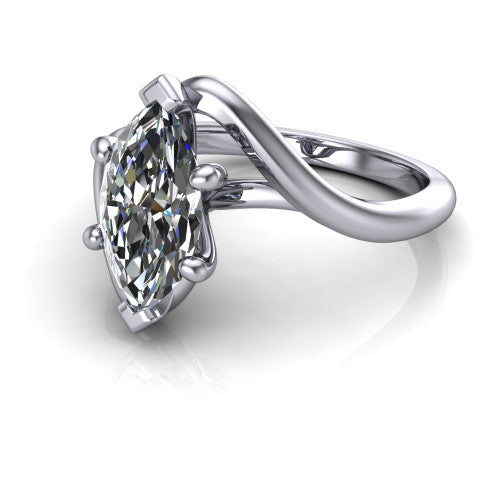 Awren marquise solitaire engagement ring in 14K White Gold, three-quarter perspective showing the brilliant marquise center diamond on a bypass crossover shank