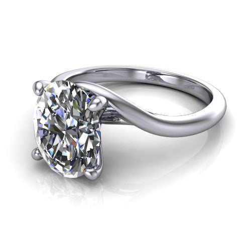 Awren oval solitaire engagement ring in 14K White Gold, three-quarter perspective showing the brilliant oval center diamond on a bypass crossover shank