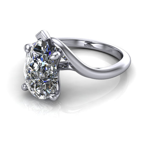 Awren pear solitaire engagement ring in 18K White Gold, three-quarter perspective showing the brilliant pear-cut center diamond on a bypass crossover shank
