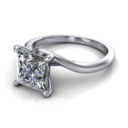 Awren princess solitaire engagement ring in 14K White Gold, three-quarter perspective showing the brilliant princess-cut center diamond on a bypass crossover shank