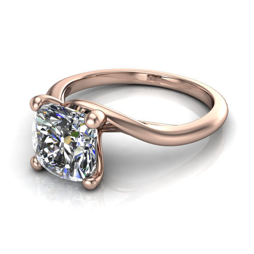 Awren cushion solitaire engagement ring in 18K Rose Gold, three-quarter perspective showing the brilliant cushion-cut center diamond on a bypass crossover shank