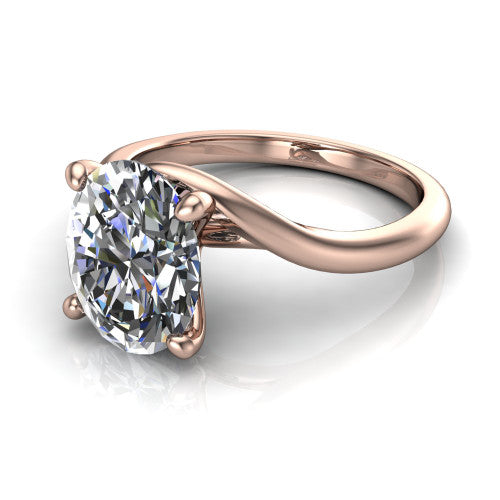 Awren oval solitaire engagement ring in 18K Rose Gold, three-quarter perspective showing the brilliant oval center diamond on a bypass crossover shank