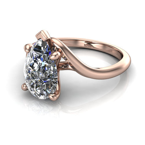 Awren pear solitaire engagement ring in 18K Rose Gold, three-quarter perspective showing the brilliant pear-cut center diamond on a bypass crossover shank