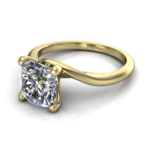 Awren cushion solitaire engagement ring in 18K Yellow Gold, three-quarter perspective showing the brilliant cushion-cut center diamond on a bypass crossover shank
