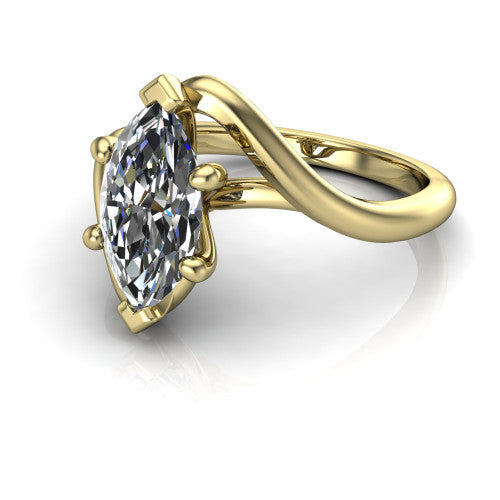 Awren marquise solitaire engagement ring in 14K Yellow Gold, three-quarter perspective showing the brilliant marquise center diamond on a bypass crossover shank