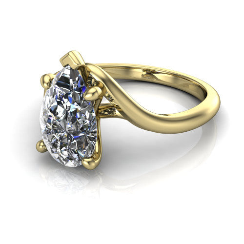Awren pear solitaire engagement ring in 14K Yellow Gold, three-quarter perspective showing the brilliant pear-cut center diamond on a bypass crossover shank