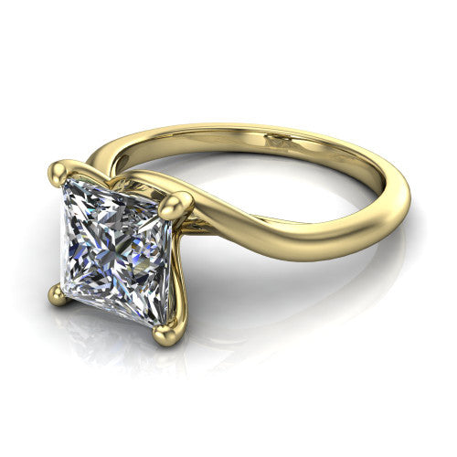 Awren princess solitaire engagement ring in 14K Yellow Gold, three-quarter perspective showing the brilliant princess-cut center diamond on a bypass crossover shank